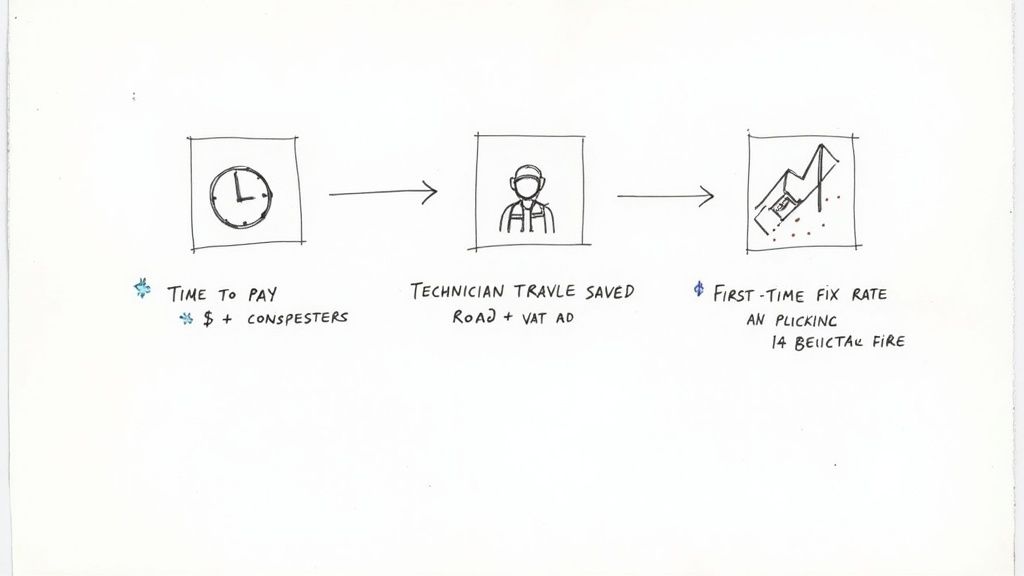 Diagram showing contractor cost savings from time tracking, technician travel reduction, and first-time fix rates