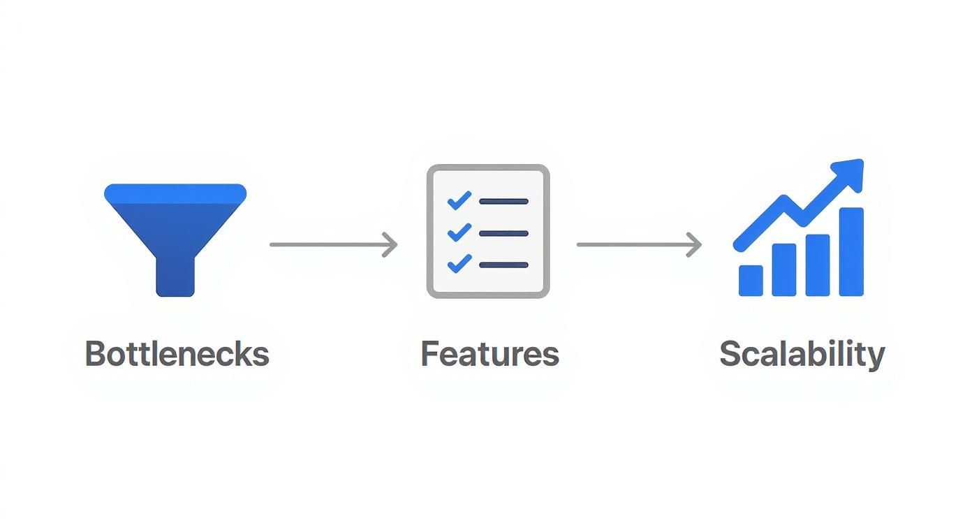 Three-stage workflow diagram showing bottlenecks, features checklist, and scalability growth chart with arrows