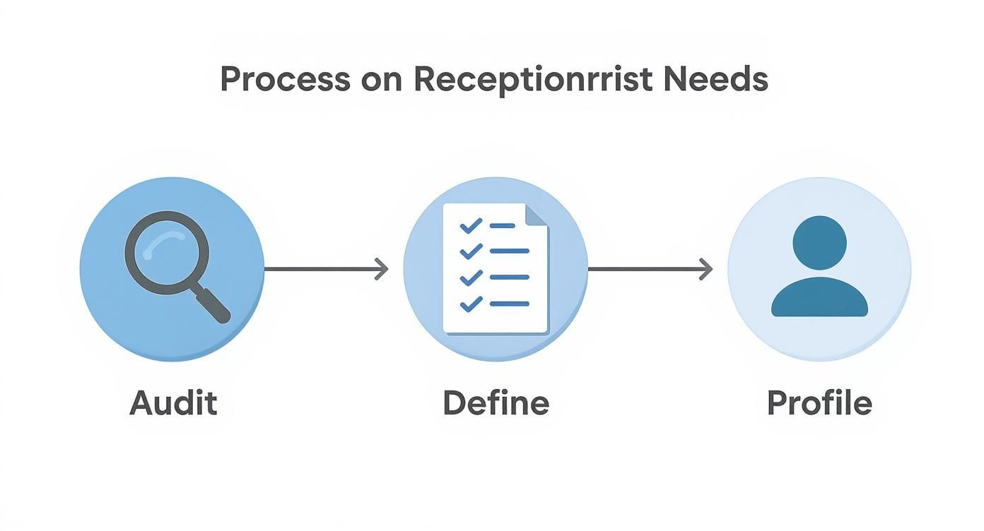 A three-step process diagram illustrating how to audit, define, and profile receptionist needs.