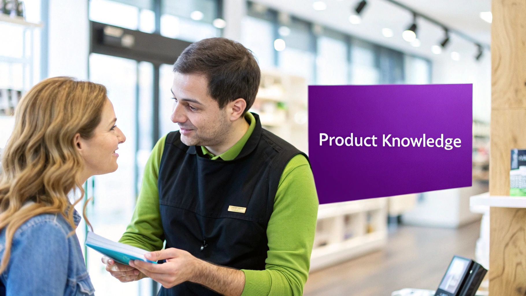 An agent confidently answers a customer's product questions over the phone, using a script on their computer screen.