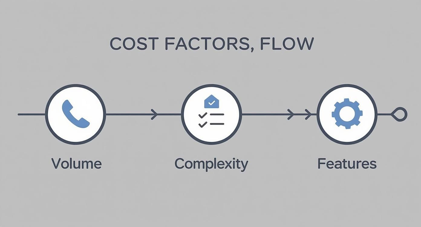 Infographic showing the process flow of cost factors for an after-hours answering service, starting with Volume, then Complexity, and finally Features.