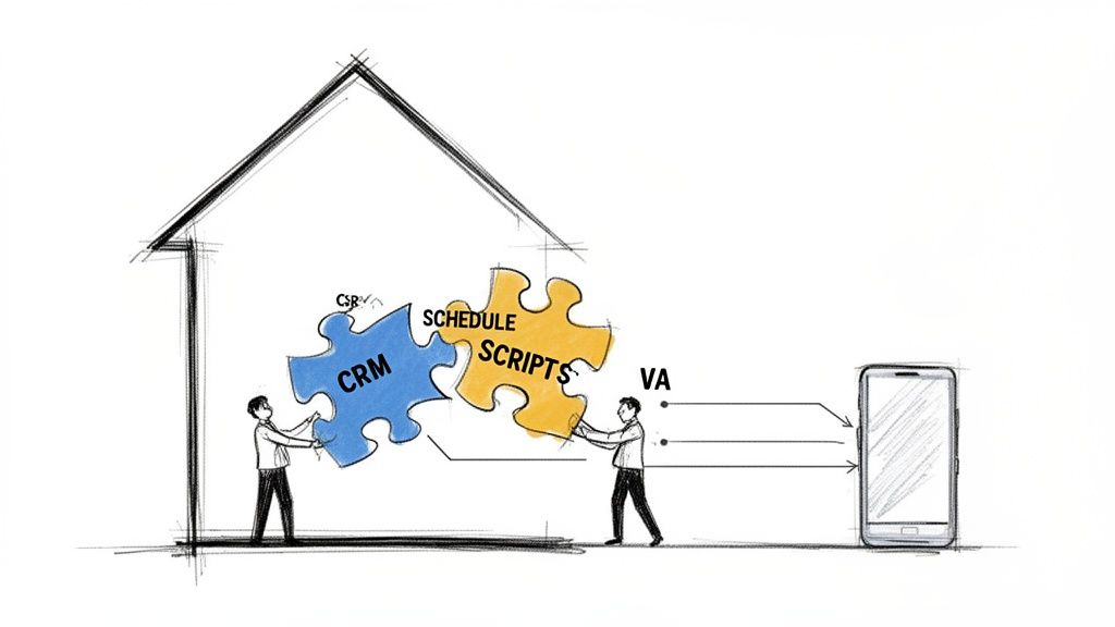 Illustration of CSR and VA integrating CRM and scheduling scripts, linking processes to a mobile device.