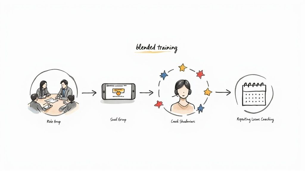 A group of employees engaged in an interactive training session, using sticky notes on a whiteboard.