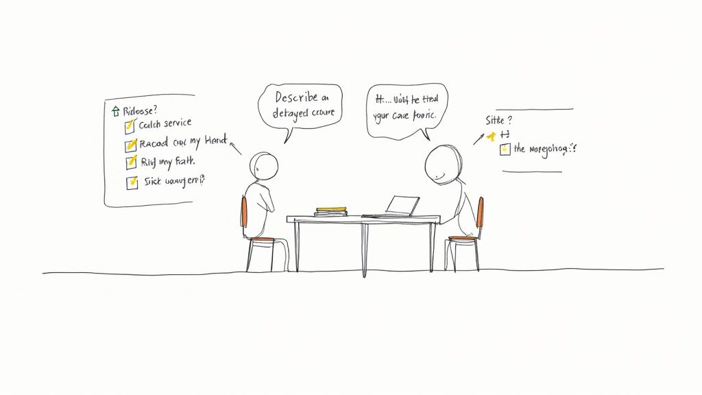 Two people interviewing at desk with contrasting notes about ridesharing and customer service issues