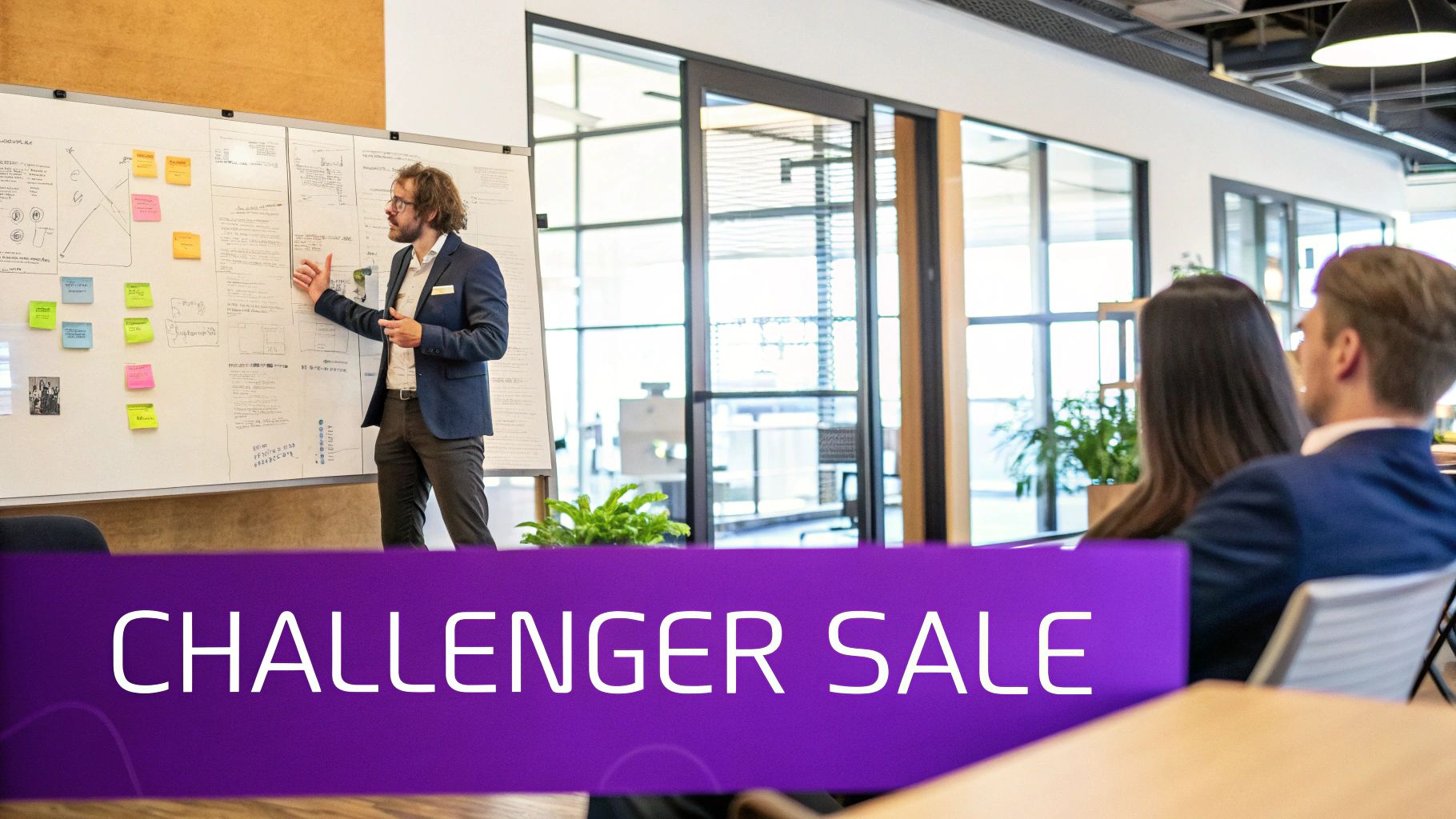Challenger Sale Script model showing a salesperson presenting a graph with an upward trend to a business professional, illustrating the "teach, tailor, take control" approach.