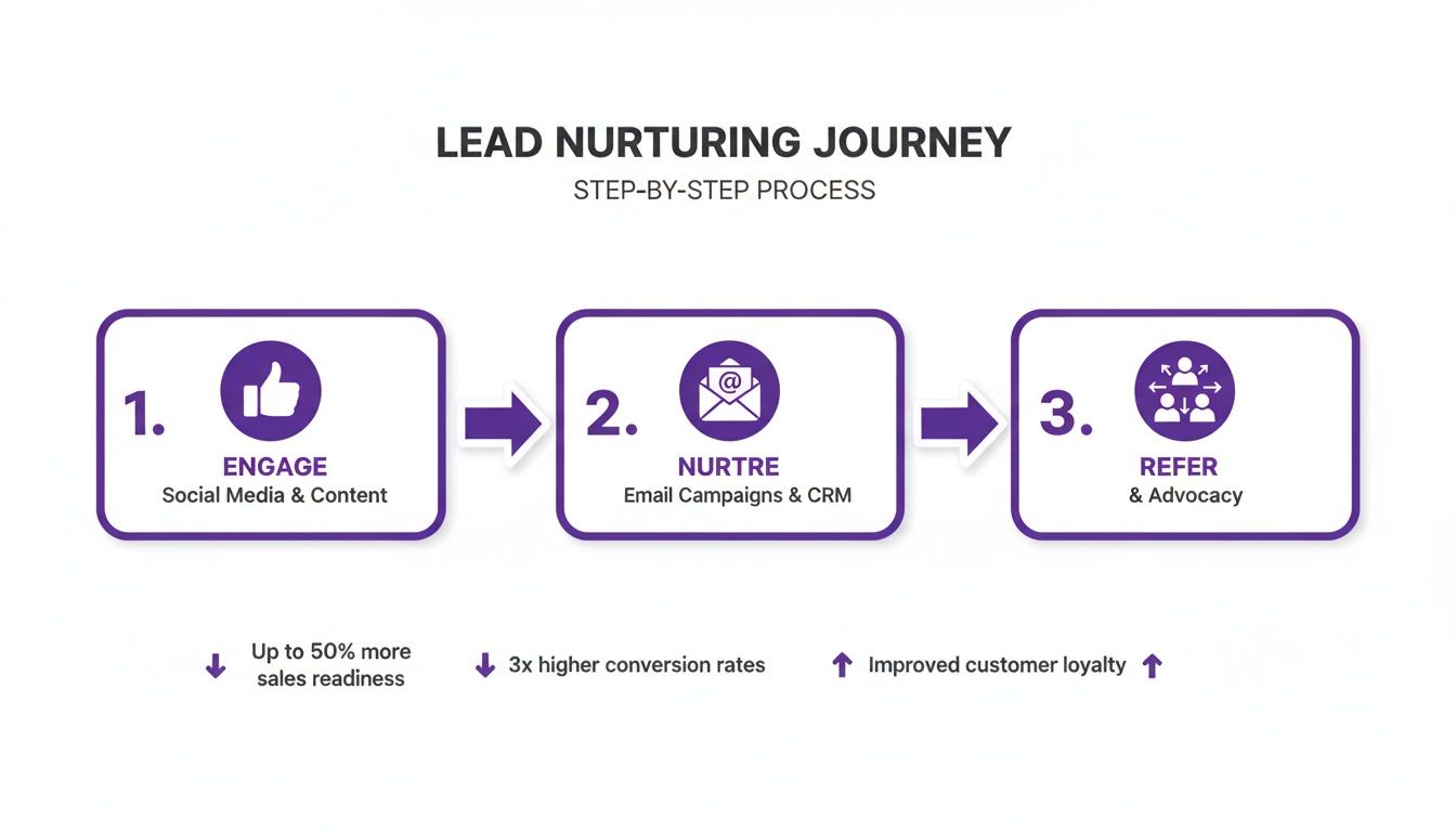 Infographic showing a three-step lead nurturing journey: Engage, Nurture, and Refer, with benefits.