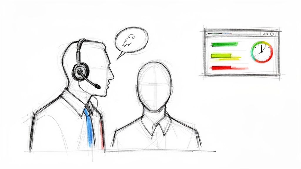 Sketch of a call center agent wearing a headset, next to a faceless figure and a dashboard showing performance metrics.