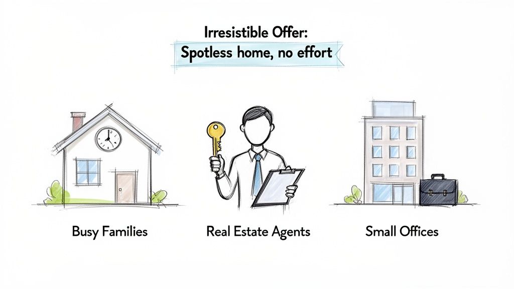 An irresistible offer for a spotless home with no effort, targeting busy families, real estate agents, and small offices.