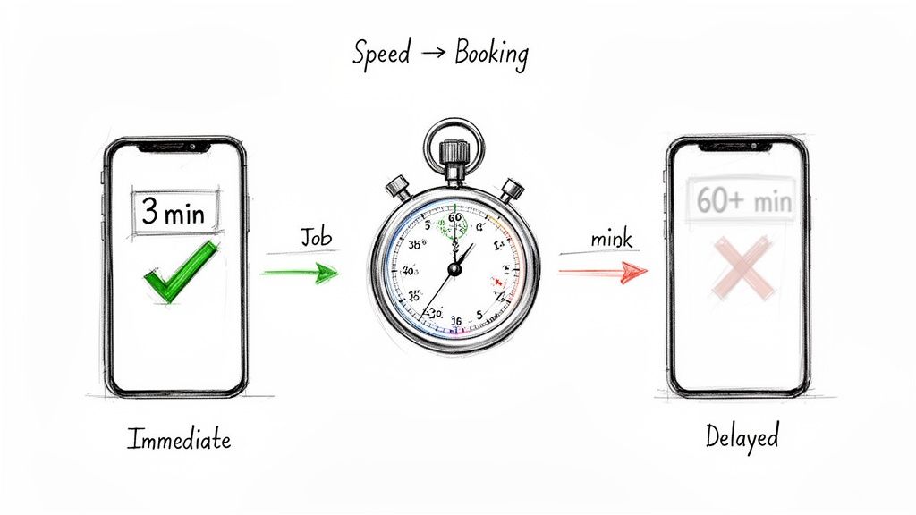 Illustration comparing immediate (3 min) vs. delayed (60+ min) service, impacting job booking success.
