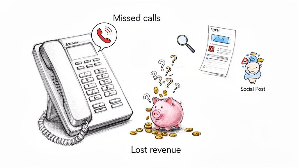 Illustration of a ringing phone, missed call icon, piggy bank with lost money, flyer, and social post, representing lost revenue from missed calls.