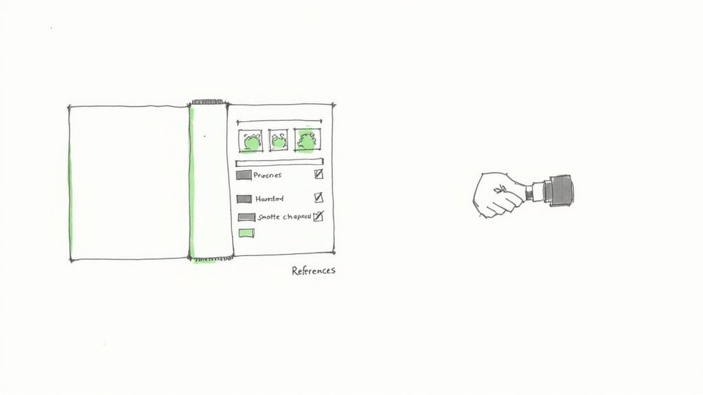 A minimalist sketch shows an open book with a green-highlighted checklist labeled 'References,' next to a hand holding an object.