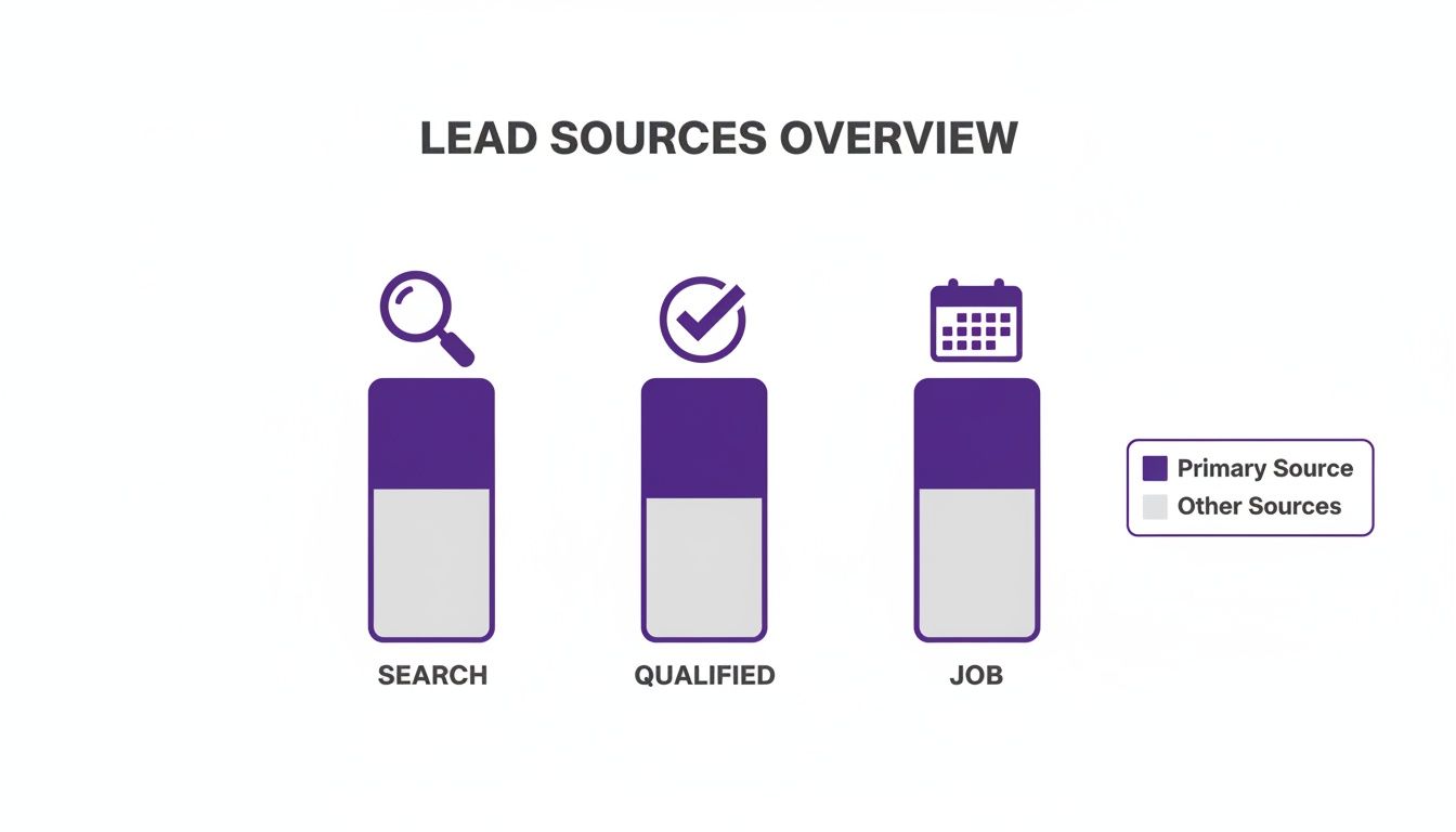 A lead sources overview chart displaying contributions from search, qualified, and job categories.