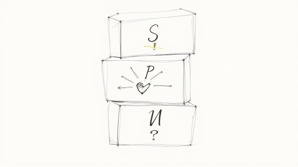Hand-drawn stack of three blocks: S with exclamation, P with a fist and arrows, U with a question mark.