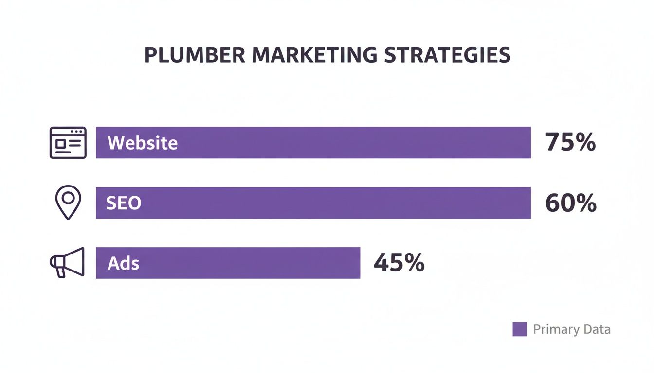 Bar chart showing plumber marketing strategies: Website at 75%, SEO at 60%, and Ads at 45%.