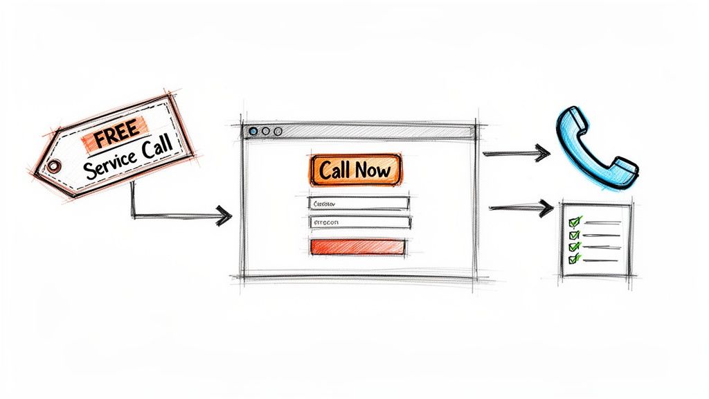 Diagram showing 'FREE Service Call' offer leading to an online 'Call Now' form, resulting in a phone call and service.