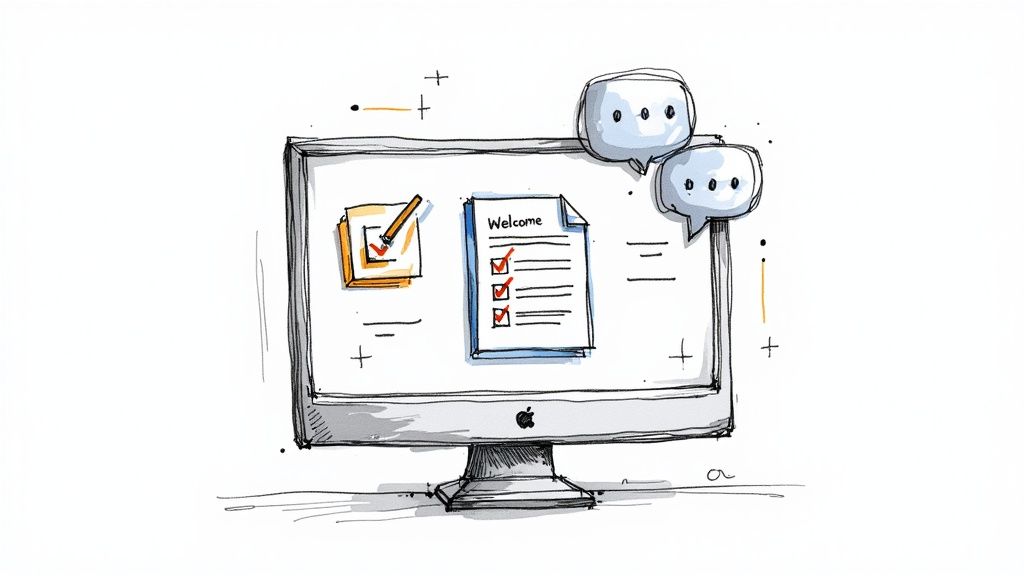 A person onboarding a new virtual assistant on a video call, showing a welcome document.