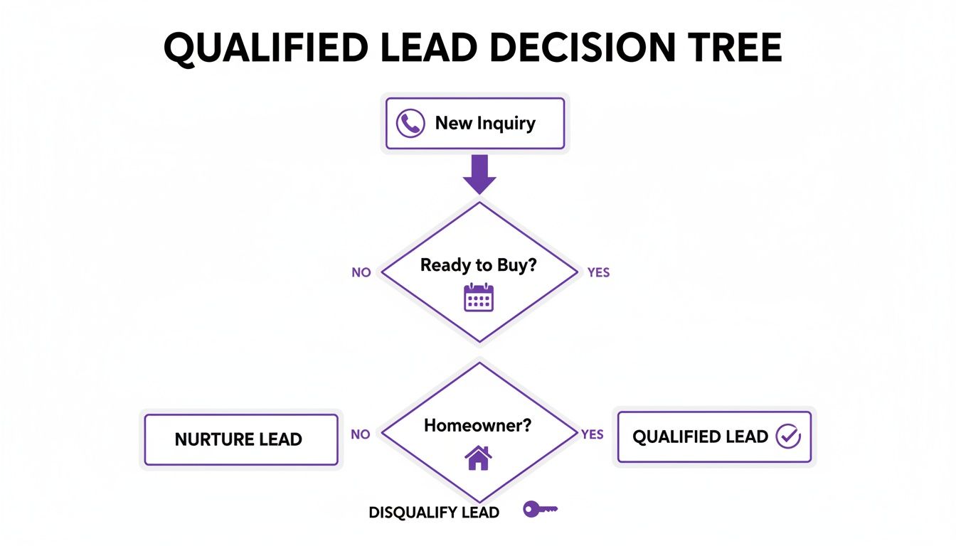 Flowchart illustrating a qualified lead decision tree, moving from a new inquiry to qualification steps.