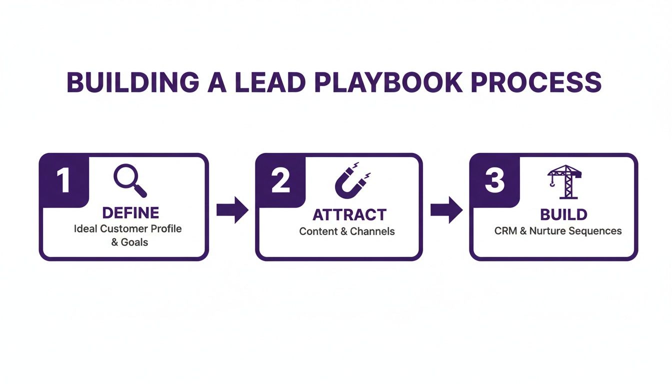 A three-step process diagram for building a lead playbook: Define, Attract, and Build.