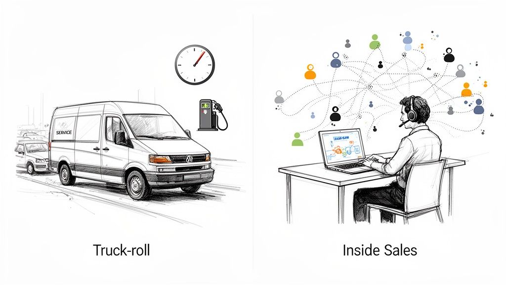 Illustration comparing truck-roll field service with a van and gas, to inside sales using a laptop and network.