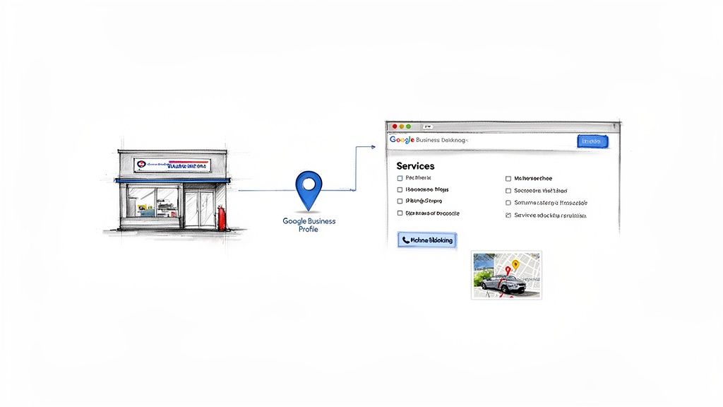 Diagram illustrating how a physical business connects to Google Business Profile to manage services and bookings.