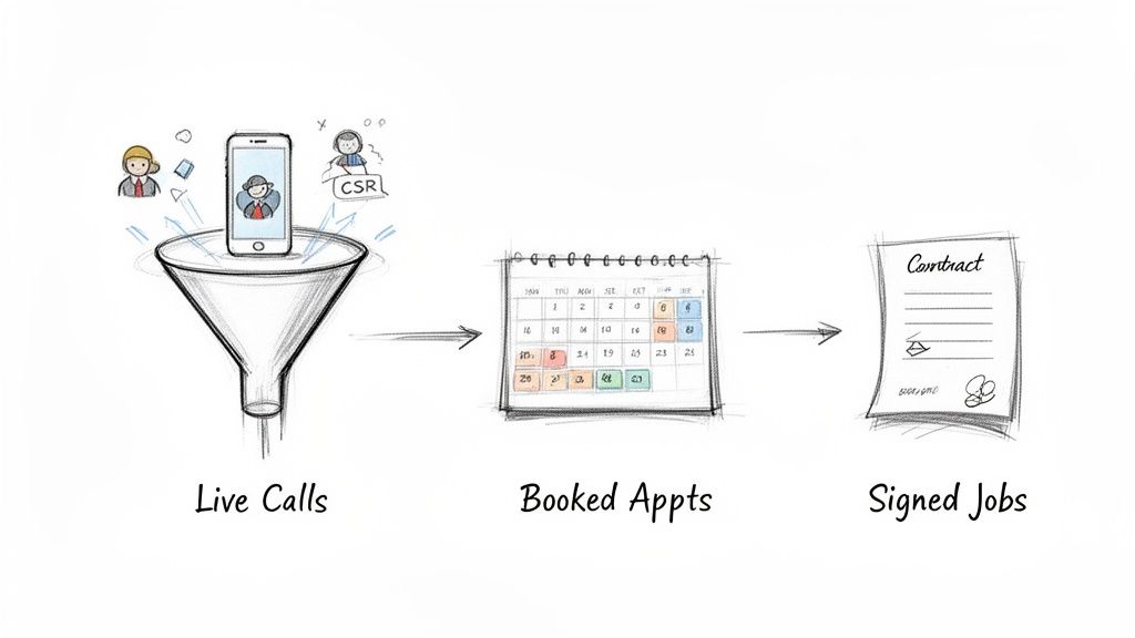 A sales funnel illustrating the progression from live calls to booked appointments and signed jobs.