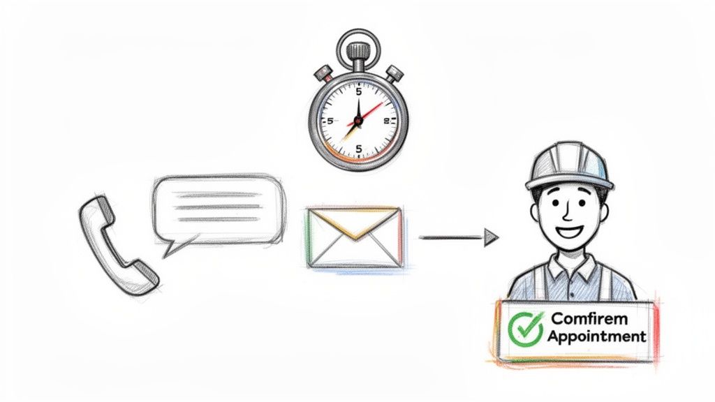 A stopwatch oversees communication via phone, message, and email leading to a technician confirming an appointment.