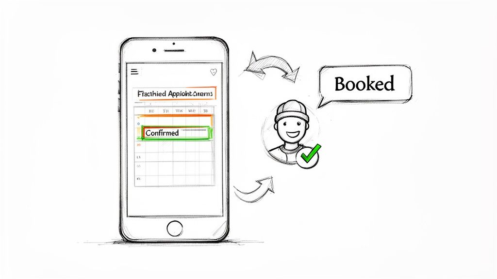 Mobile phone app displaying a 'Confirmed' appointment, linked to a happy user with 'Booked' status.