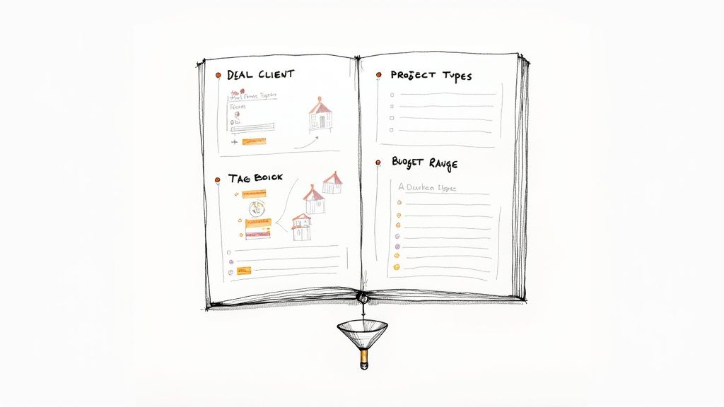 Hand-drawn open notebook with notes on client deals, project types, budget, and a business funnel.