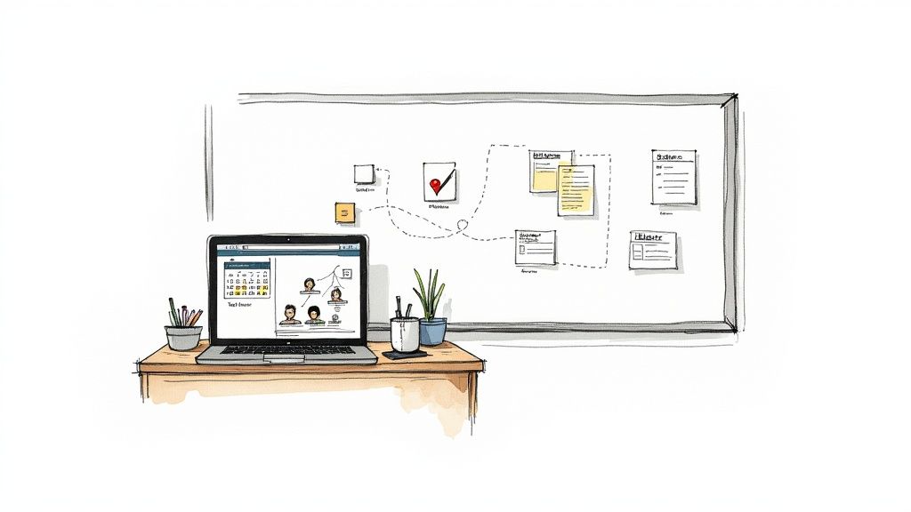 A watercolor illustration of a desk with a laptop displaying a calendar and a video call, beside a whiteboard showing project planning.