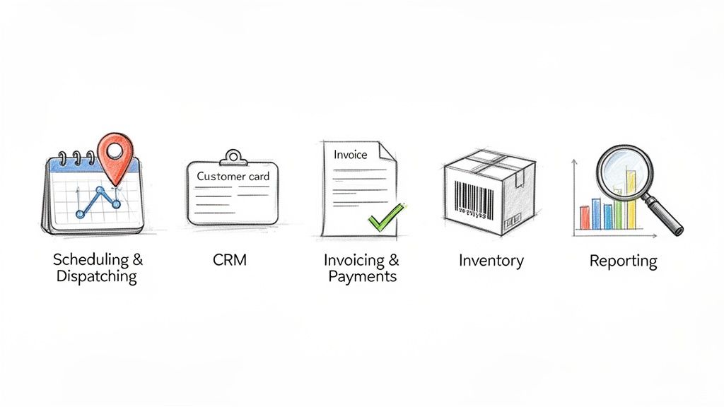 Icons representing scheduling, CRM, invoicing, inventory, and reporting features of business management software.