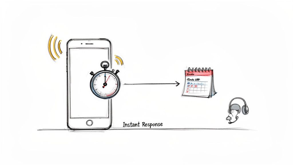 Smartphone with stopwatch and signal, pointing to a calendar and customer service headset, illustrating instant response.
