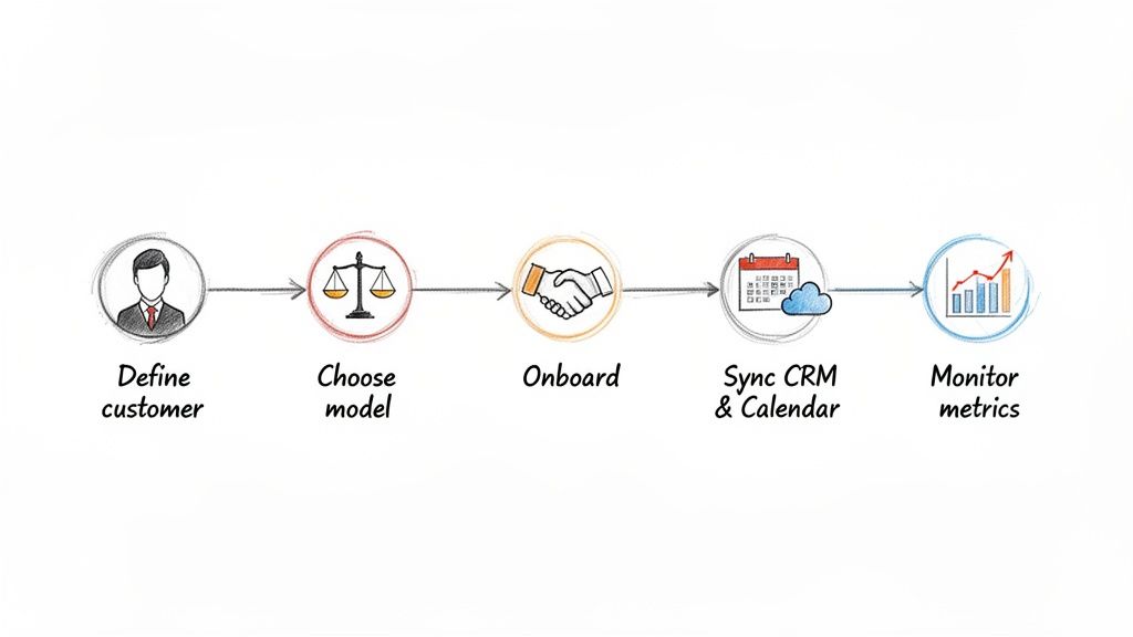 A five-step business workflow including defining customers, choosing a model, onboarding, syncing CRM, and monitoring metrics.