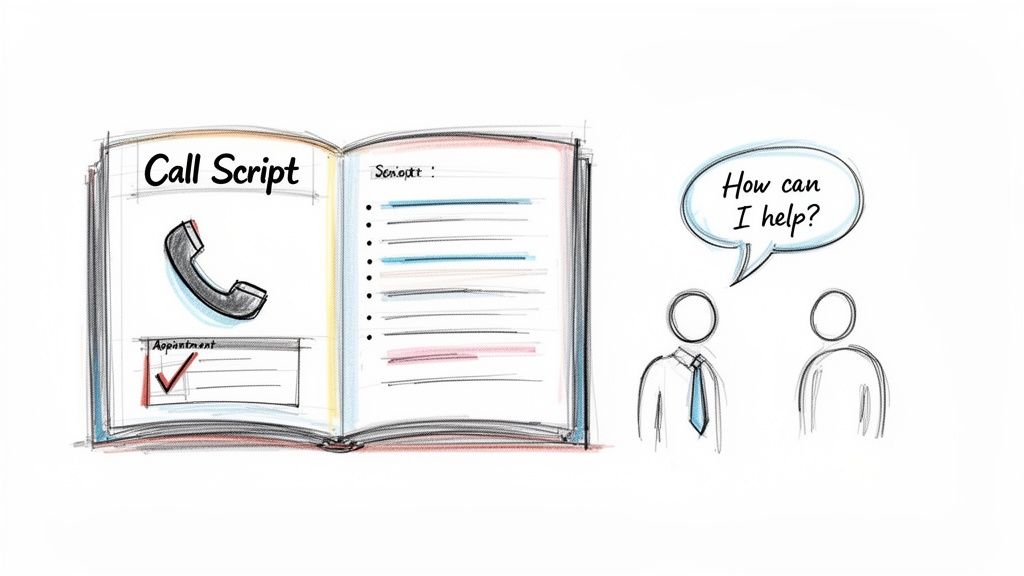 Call script book, phone, appointment, and two people with 'How can I help?' speech bubble, symbolizing customer support.