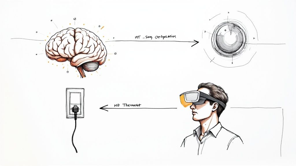 Conceptual diagram illustrating brain activity, a VR headset, and a thermostat plug, suggesting human-tech control and interaction.