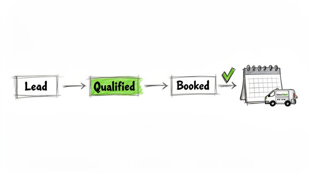 A flowchart illustrates the sales process: Lead, Qualified, Booked, followed by a calendar and service van.