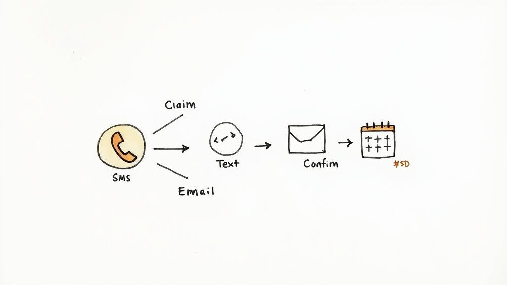 Flowchart shows SMS leads splitting to claim or email, then text confirmation and scheduling.