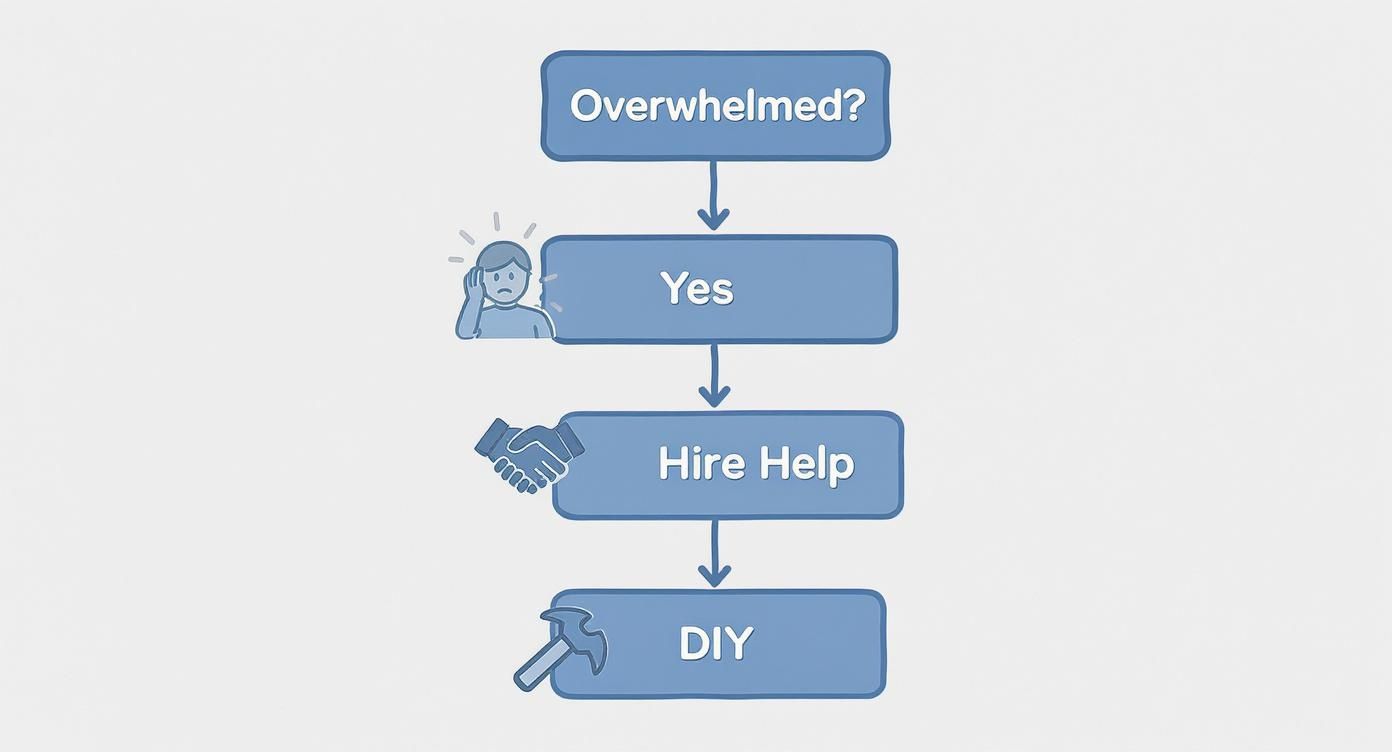 A flowchart showing steps for dealing with feeling overwhelmed: 'Yes' leads to 'Hire Help' then 'DIY'.