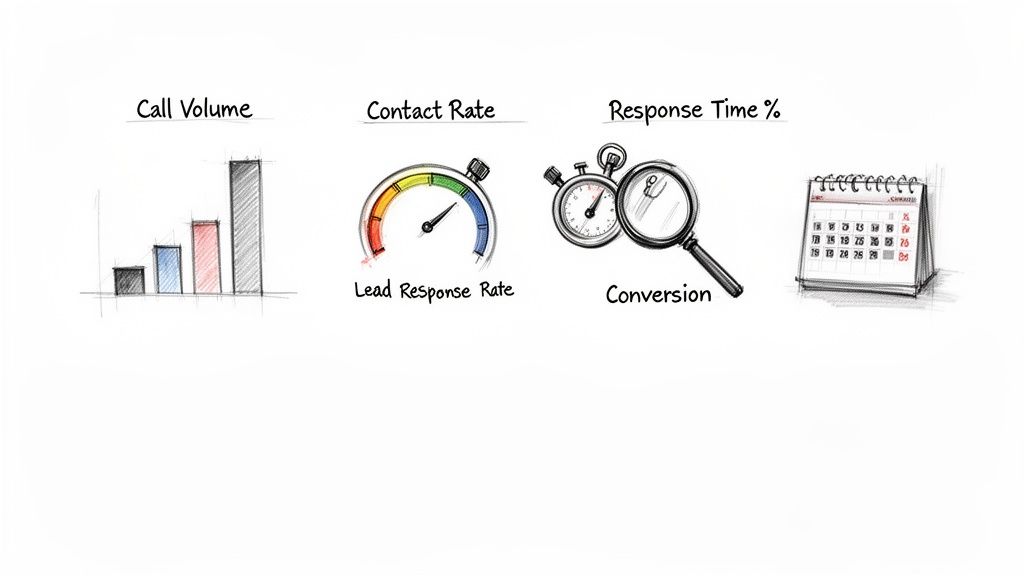 Hand-drawn icons illustrating sales productivity metrics: call volume, contact rate, lead response, response time, and conversion tracking.