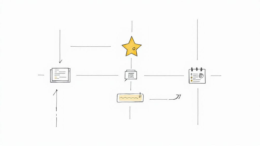 Hand-drawn diagram depicting a workflow with a central star, documents, sticky note, and calendar icons.