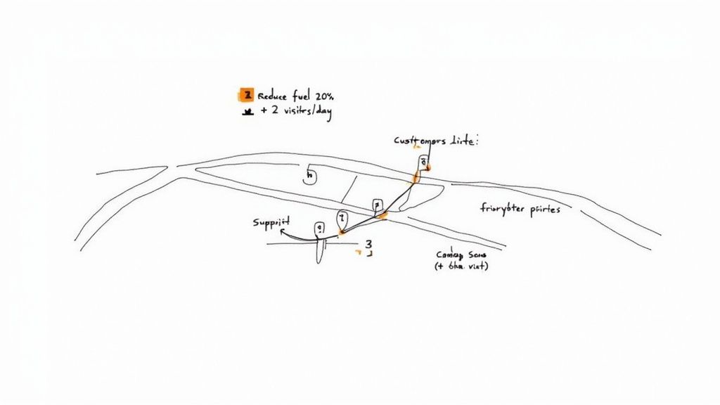 A sales representative planning a route on a tablet with a map interface.