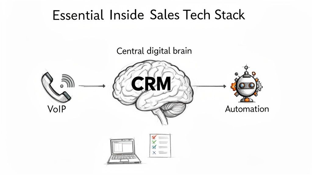 Diagram illustrating an essential inside sales tech stack: VoIP flows into CRM (central digital brain), leading to automation.