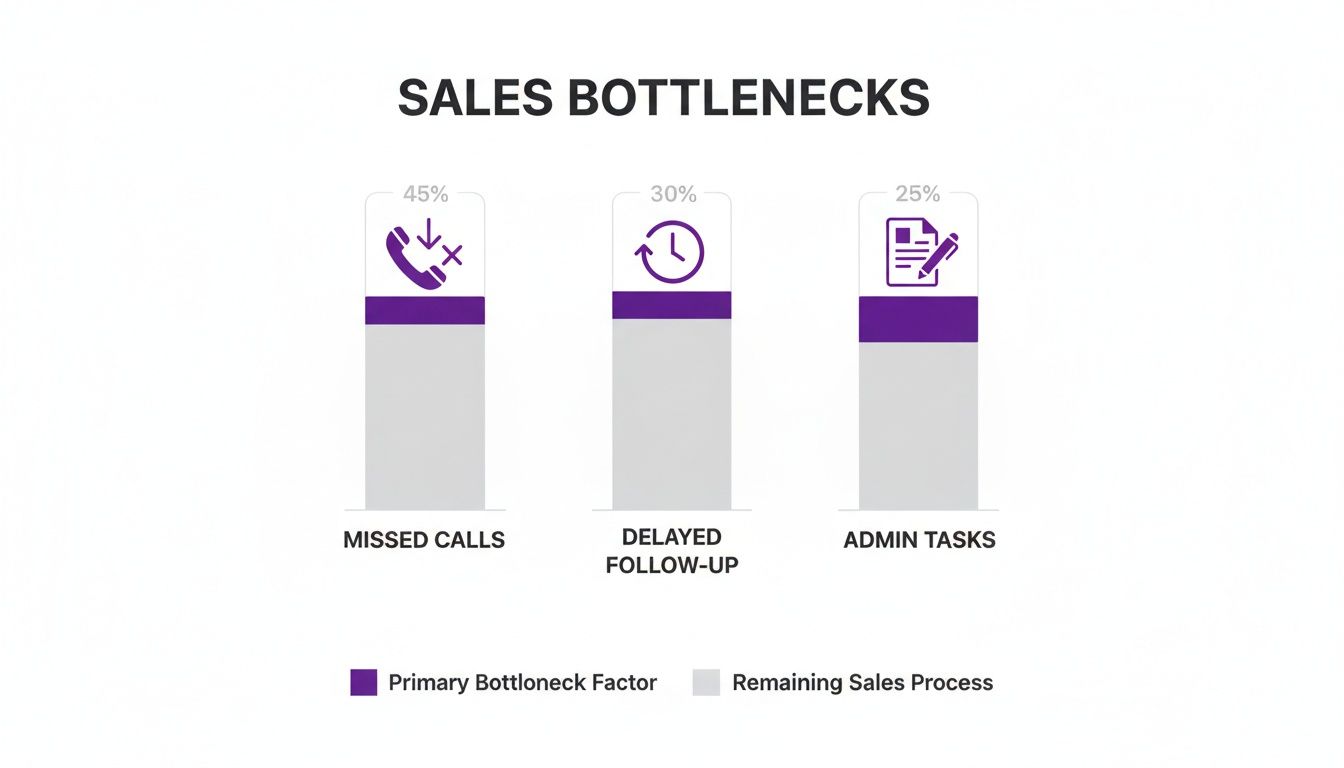 Bar chart illustrating sales bottlenecks: Missed Calls (45%), Delayed Follow-Up (30%), and Admin Tasks (25%).