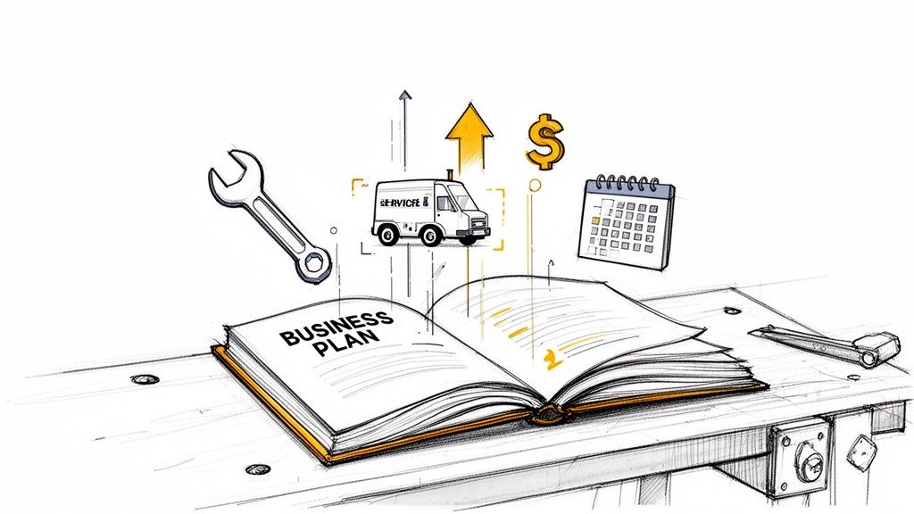 An open 'Business Plan' book on a desk, surrounded by service industry icons: wrench, van, dollar, and calendar.