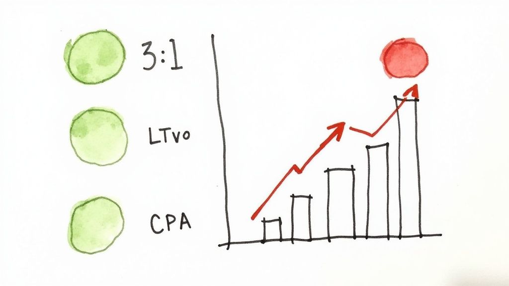 A magnifying glass hovering over business analytics on a tablet screen, symbolizing insights from data.