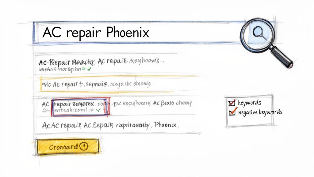 Sketch of a search engine showing 'AC repair Phoenix' query, results, and PPC keywords.
