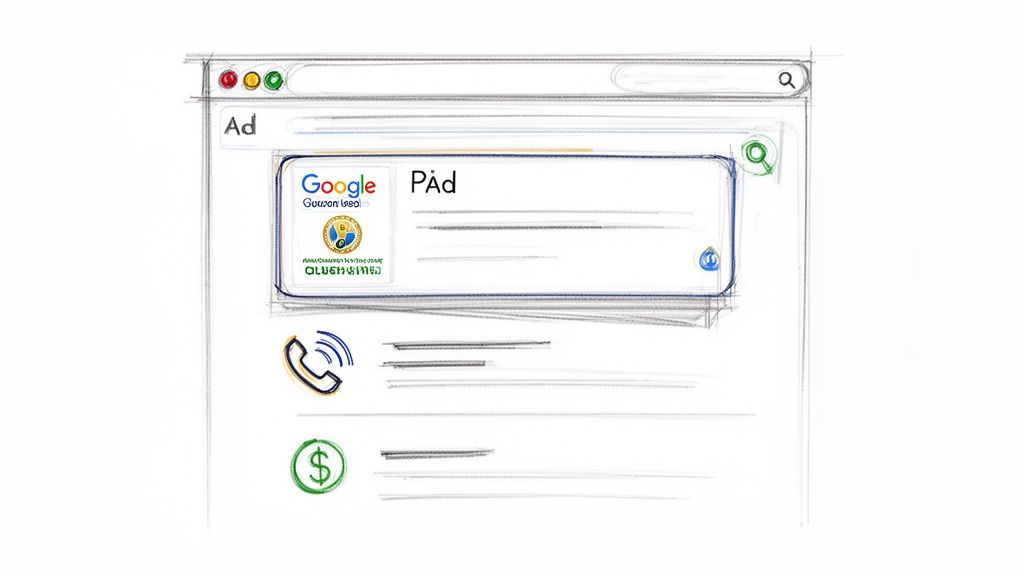 Sketch of a Google search results page showing an ad with a call icon and a dollar sign.