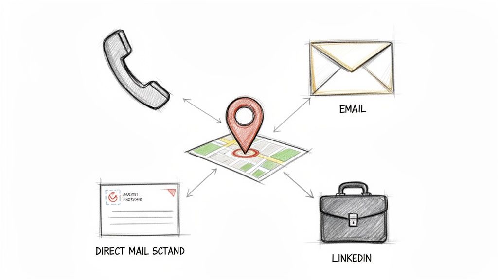 A diagram shows a central map with a location pin, connected by arrows to phone, email, direct mail, and LinkedIn icons.