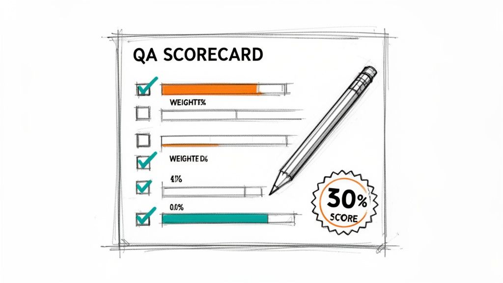 A hand-drawn QA Scorecard with checkboxes, progress bars, a pencil, and a '30% Score' badge.
