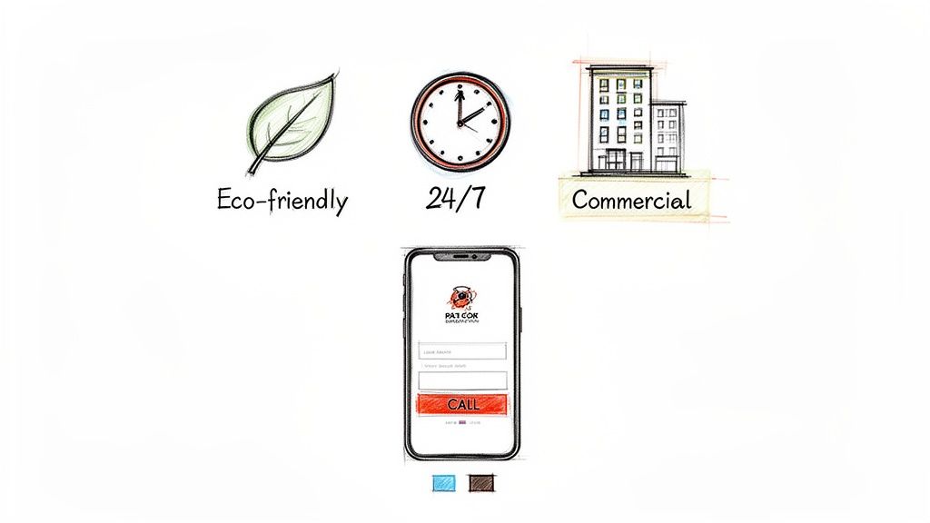 Visual summary of eco-friendly, 24/7 commercial services, and a mobile app with a call button.