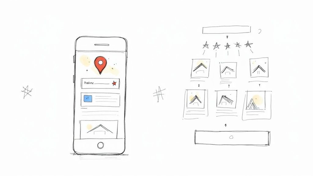 Hand-drawn sketches depict a mobile app interface with a map pin, property listings, and star ratings.
